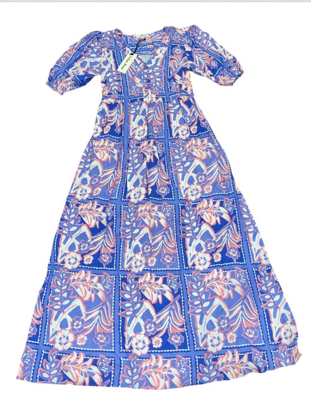 Celina Moon Purple Pink Maxi Dress Floral Puff Sleeve NWT Small Button